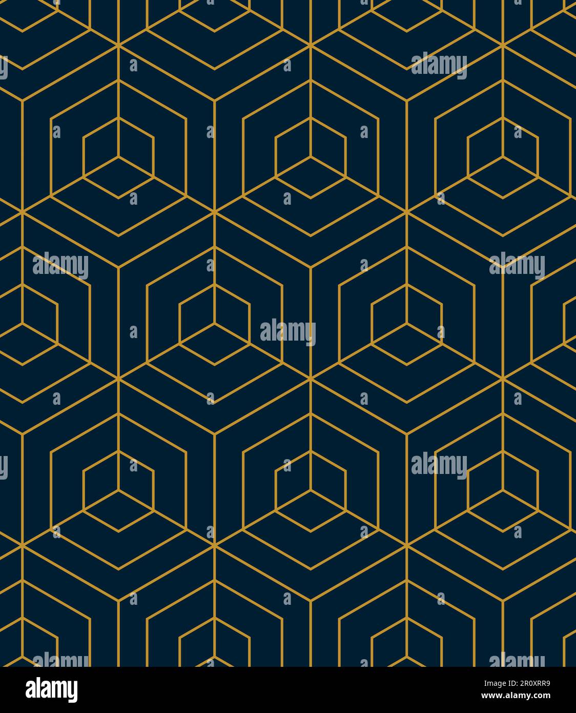 Hintergrund abstrakter geometrischer Muster mit sechseckiger und dreieckiger Textur. Nahtlose Gitterlinien in Blau und Gold. Einfaches minimalistisches Muster. Stock Vektor