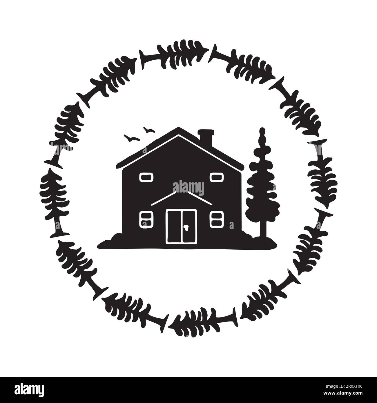 Holzkabine in scandi Linocut-Vektordarstellung. Alpenhütte im Landurlaub Dorf Cartoon. Stock Vektor