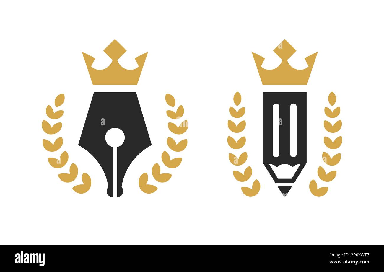 Königlicher Stift und königlicher Bleistift. Stift und Bleistift mit Krone. Konzeptionelles Logo für Rechtsanwalt, Werbetexter, Schriftsteller, Schreibwaren, Ausbildung, Schule, Akademie. Isolieren Stock Vektor
