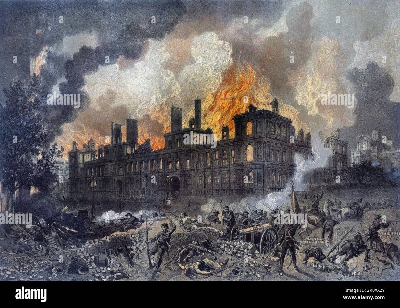 Commune de Paris : L'incendie de l'Hotel de ville de Paris le 24 Mai 1871. Gravure de l'Epoque. Stockfoto