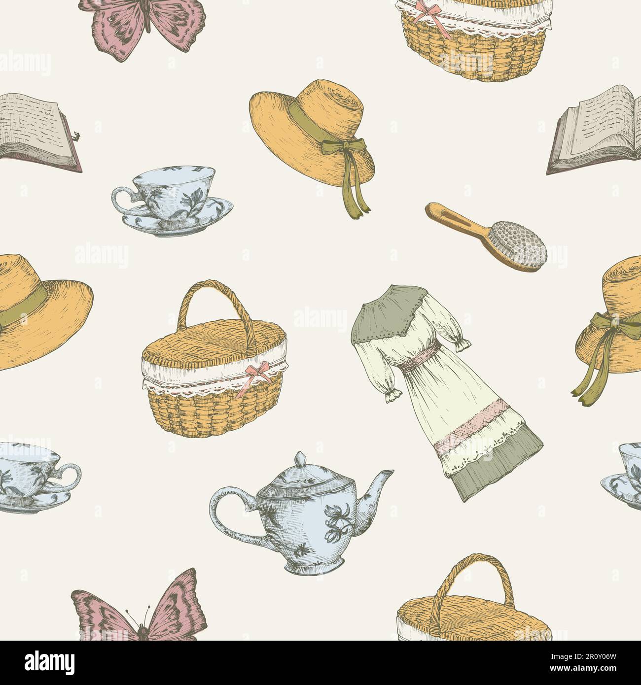 Elemente im Cottagecore-Stil mit nahtlosem Vektormuster. Handgezeichnete Bunte Vektorabbildungen Hintergrund. Freizeitangebote auf dem Land und Picknick Doodle Goods Stock Vektor