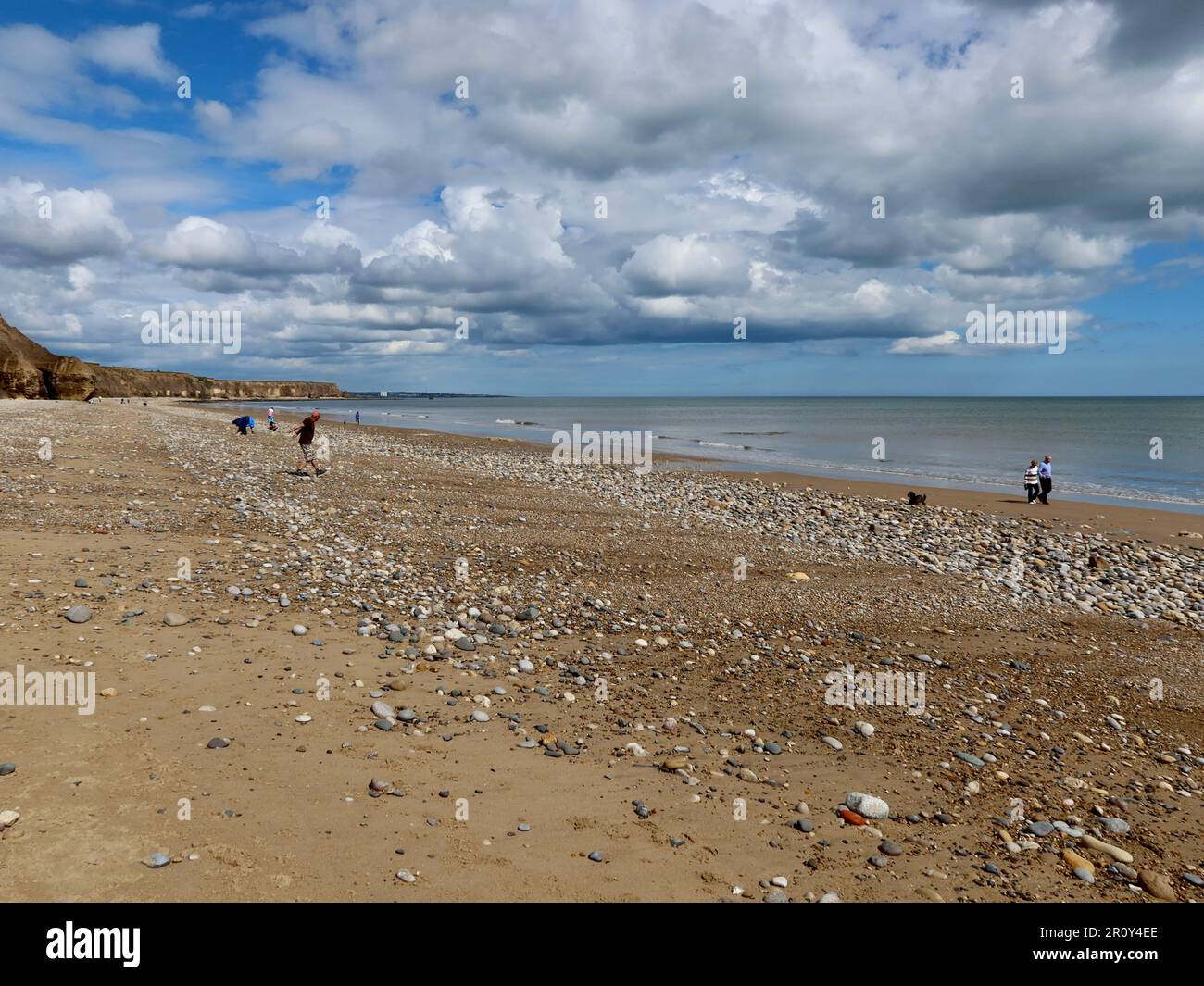 Seaham North Beach, Durham, Großbritannien - 10. Mai 2023 : Frühlingsnachmittag. Ein Mann auf dem Abschlussball über dem Strand, der berühmt ist für das Sammeln von Meerglas Stockfoto