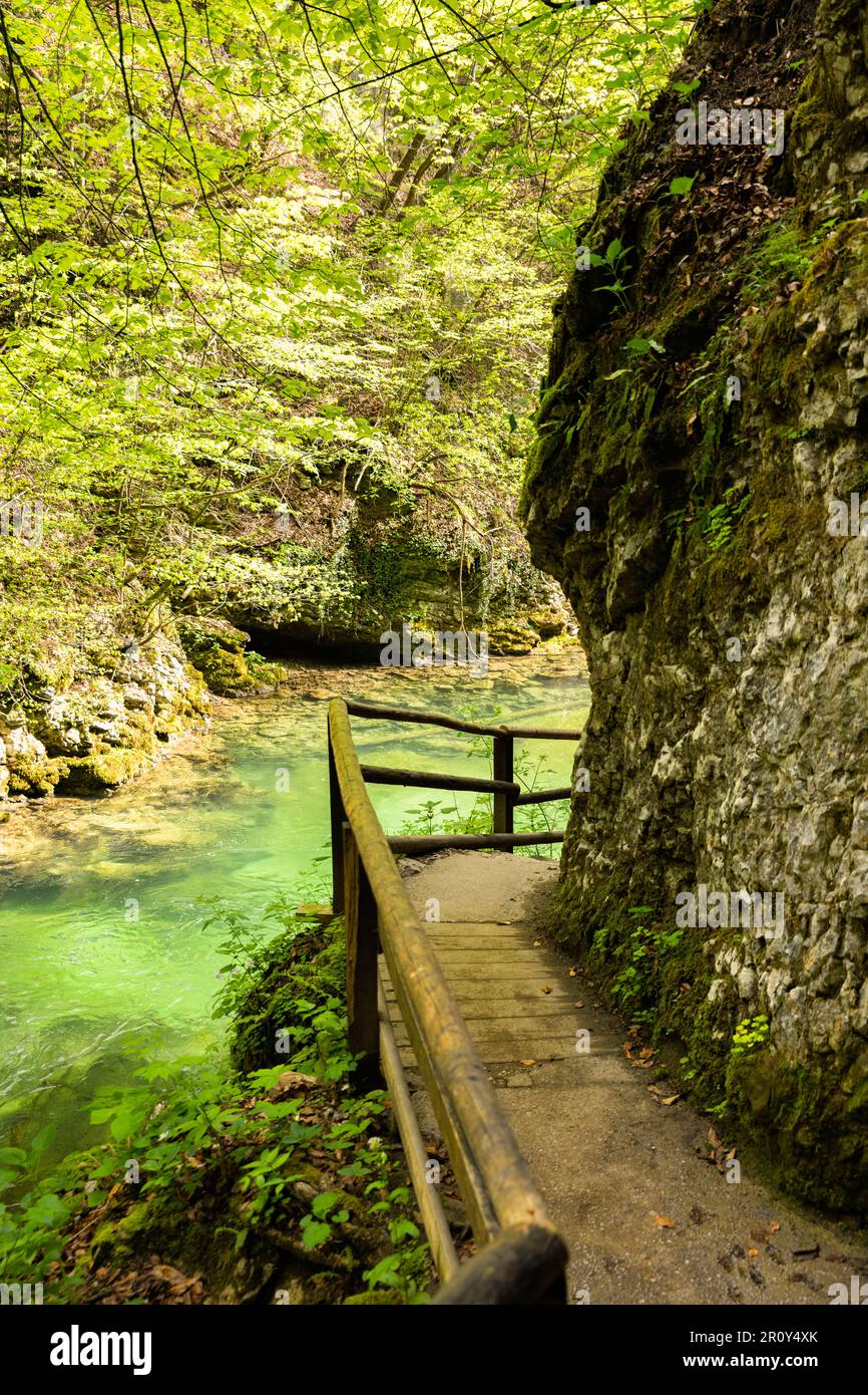 Die Holzdielen über dem grünen Wasser mit den Felsen an beiden Seiten Stockfoto