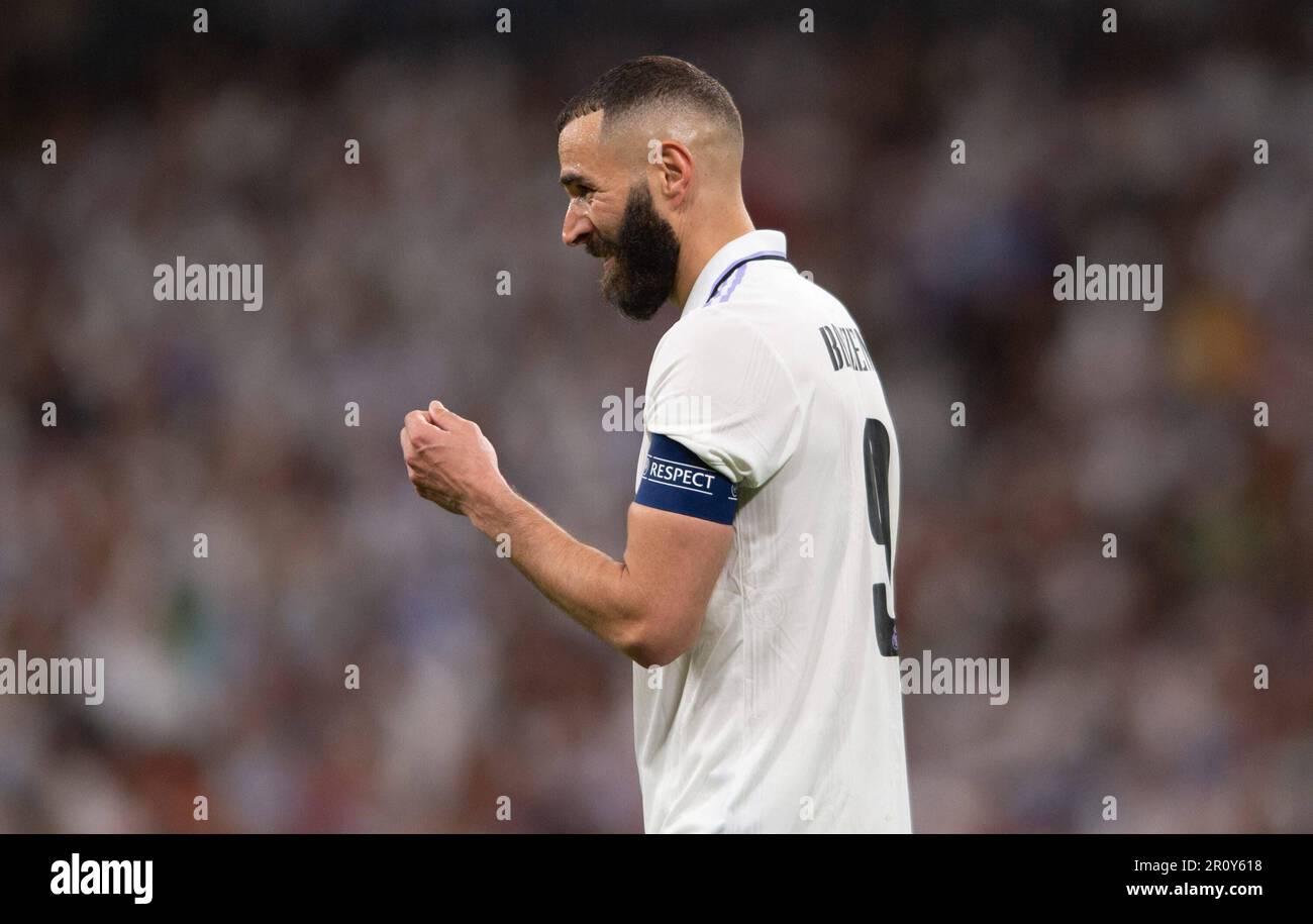 9. Mai 2023; Santiago Bernabeu Stadion, Madrid, Spanien, Champions League Fußball, Halbfinale, First Leg, Real Madrid gegen Manchester City; Benzema 900/Cordon Press Stockfoto