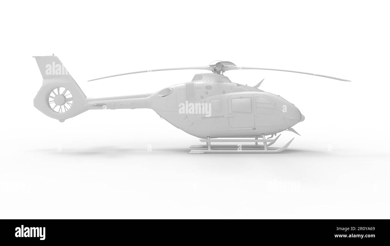 3D-Darstellung eines modernen Hubschraubers isoliert im Weltraumhintergrund. Stockfoto