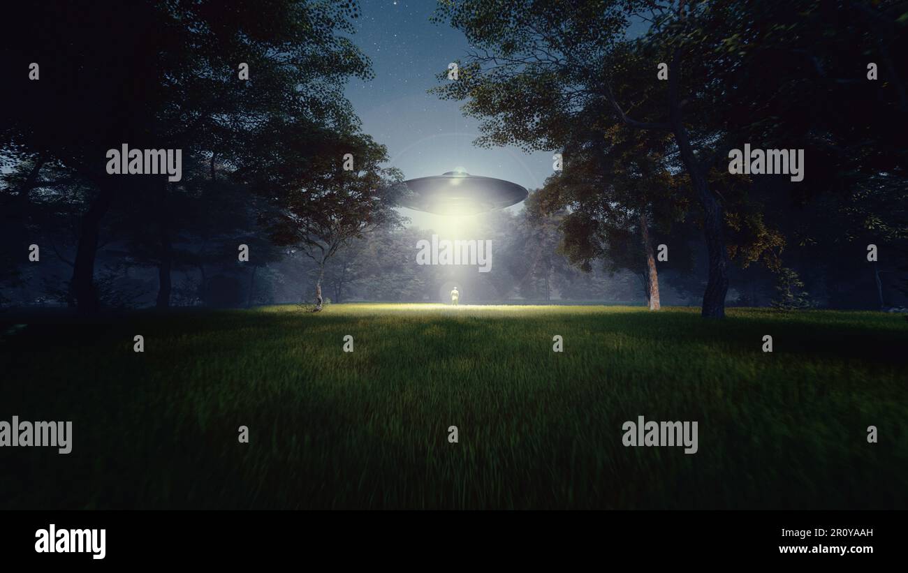 Mann wird von UFO entführt - Alien Entführungskonzept. 3D Rendern Stockfoto