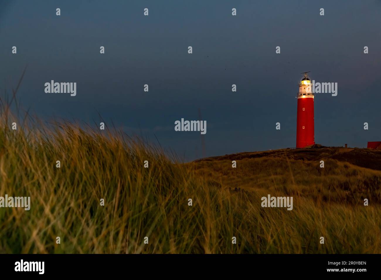 Panoramablick auf den historischen roten Leuchtturm am nördlichen Ende der Insel Texel, Niederlande im Dunkeln des Abends Stockfoto