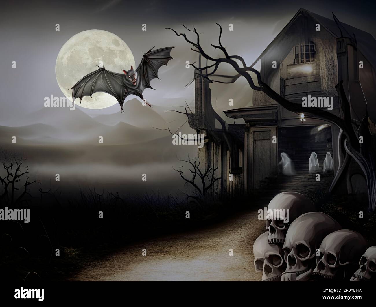 Unheimliche Vollmondnacht-halloween-Szene mit Fledermaus, Geistern und menschlichen Schädeln Stockfoto
