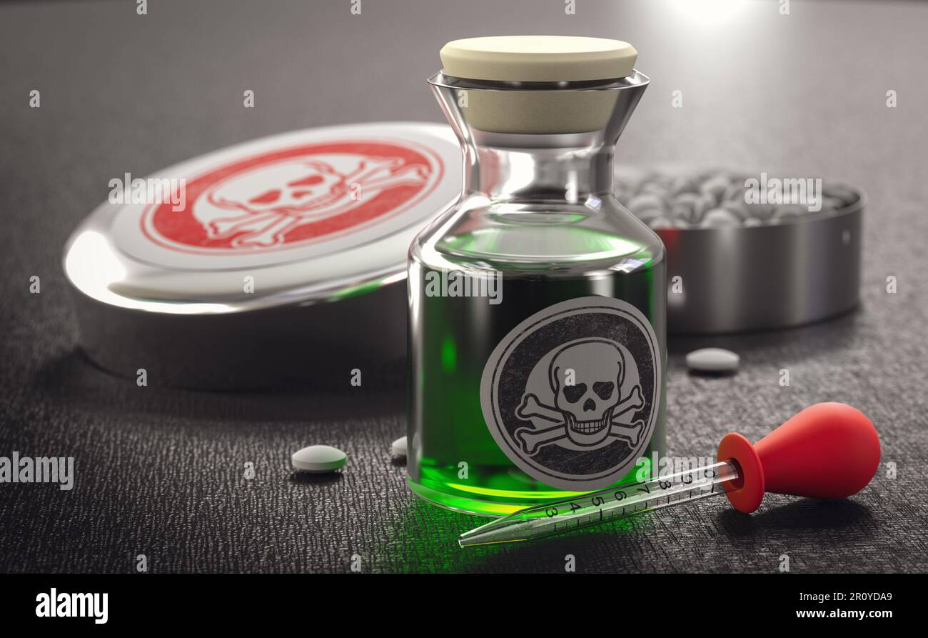 Vergiftungen durch Giftstoffe. Flasche und Pillen mit Gift auf schwarzem Hintergrund. 3D Abbildung. Stockfoto
