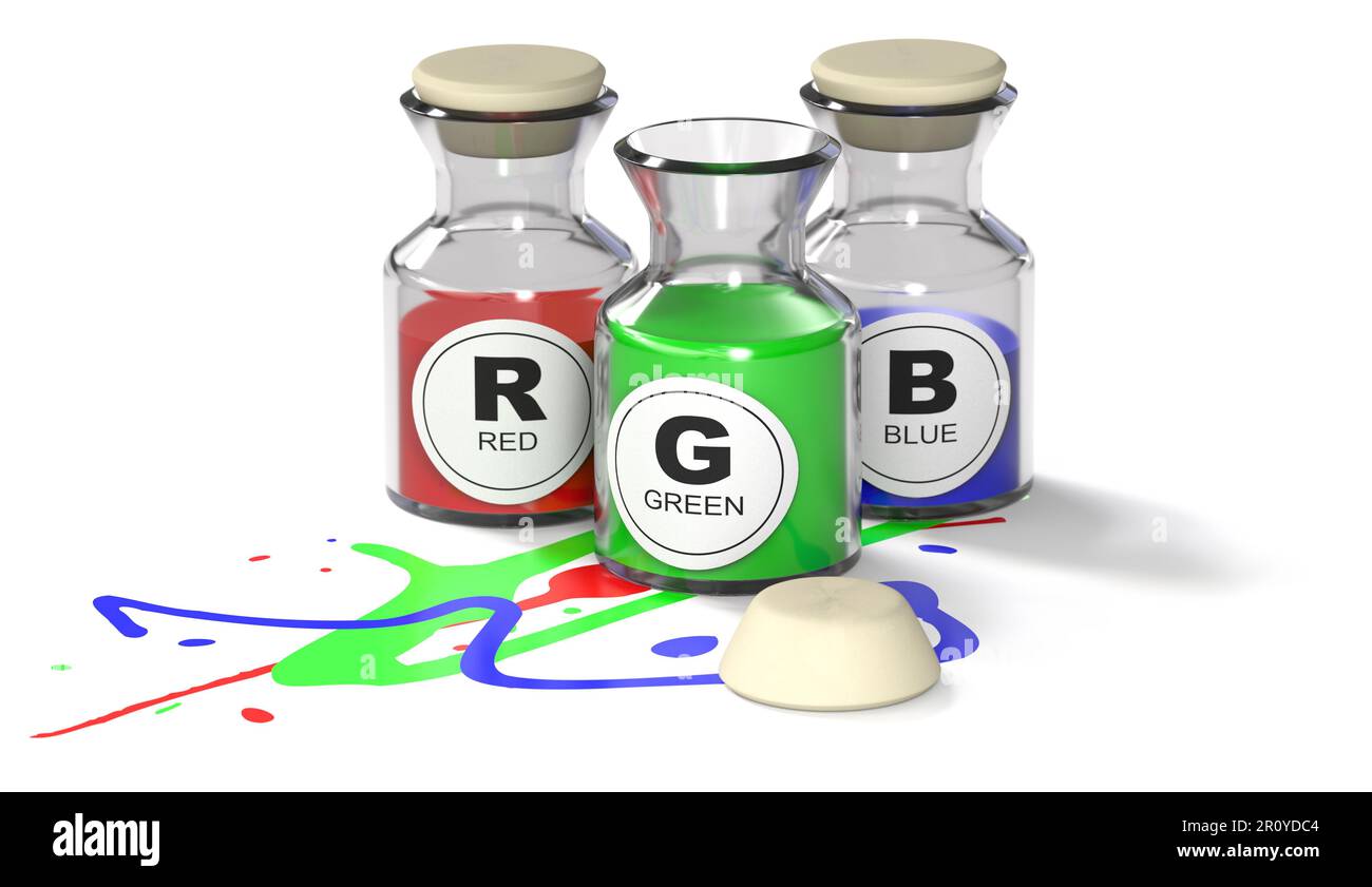 Additive Farben RVB. Rote, grüne, blaue Flaschen auf weißem Hintergrund. 3D Abbildung. Stockfoto