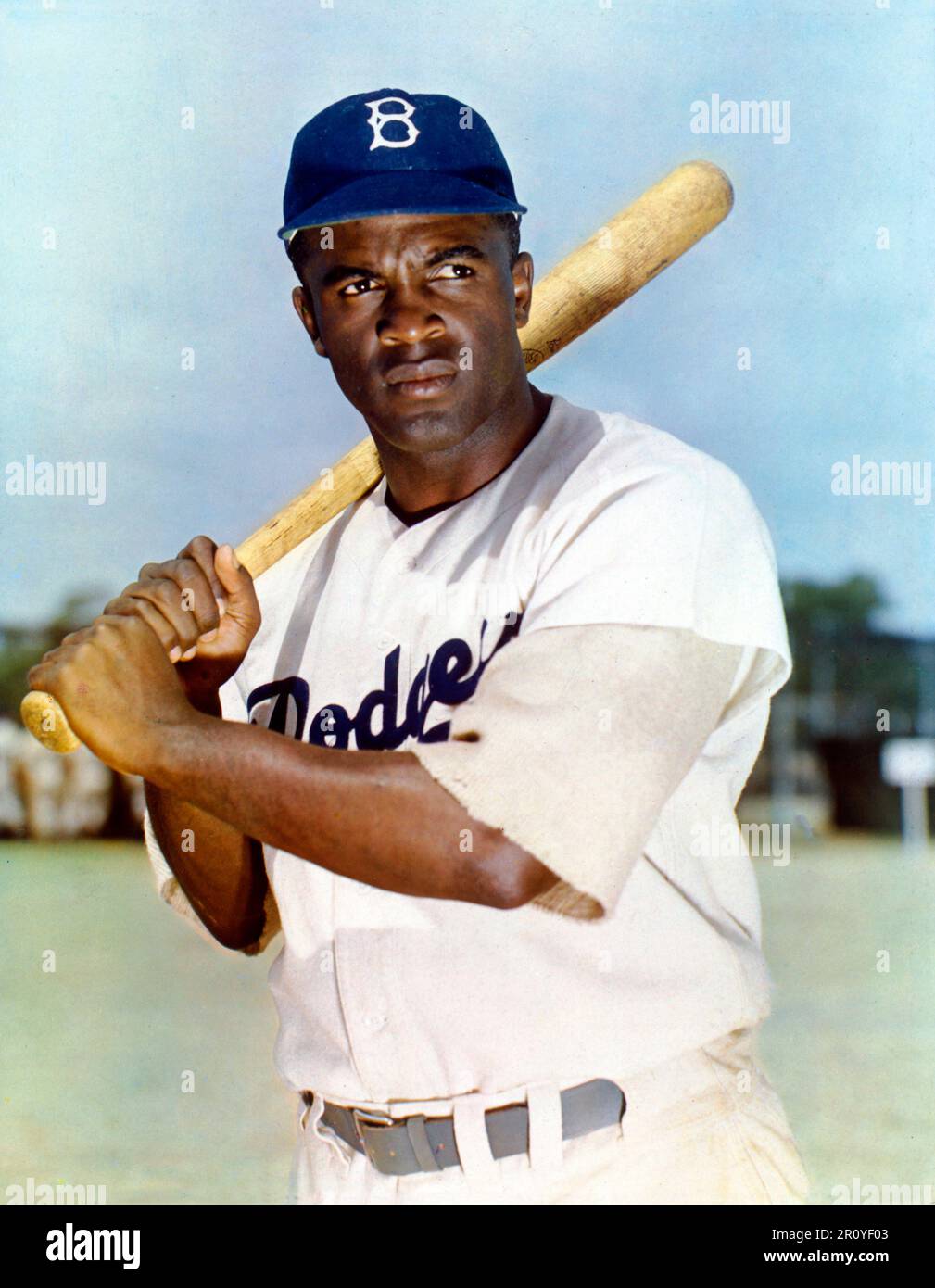 Jackie Robinson (1919–1972) in Brooklyn Dodgers Uniform, 1949. Robinson war der erste schwarze Spieler in der Major League Baseball. Stockfoto