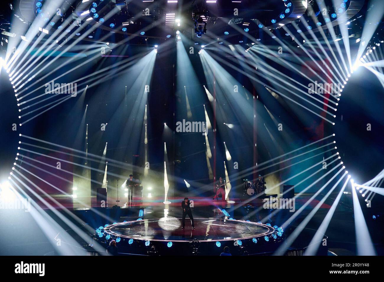 Liverpool, Vereinigtes Königreich 10. Mai, 2023 . Piqued Jacks, die San Marino repräsentieren, spielten auf der Bühne der Generalprobe für das Halbfinale 2 des Eurovision Song Contest in der M&S Bank Arena. Kredit: Alan D West/EMPICS/Alamy Live News Stockfoto