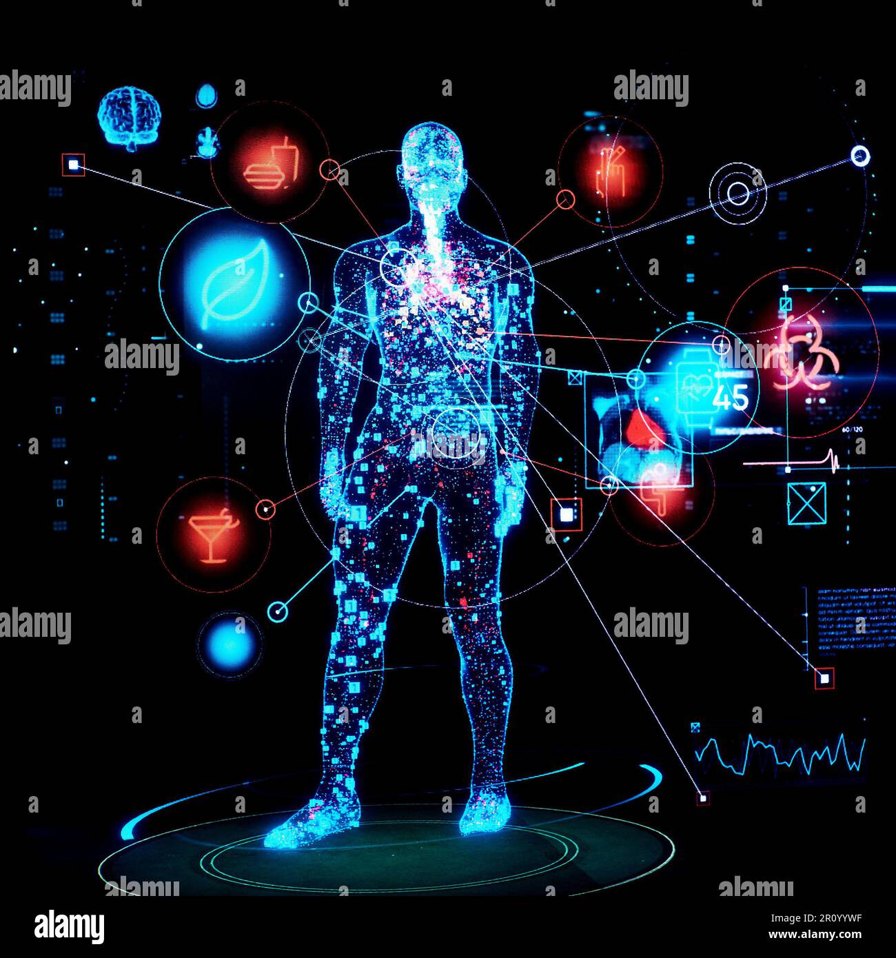 Digitales Bild des menschlichen Körpers und medizinische Symbole auf Schwarz Stockfoto
