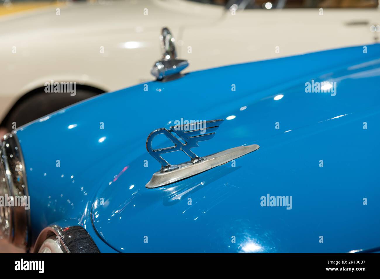 Sparkford.Somerset.United Kingdom.März 26. 2023.Nahaufnahme des Austin Emblems auf einem Austin A35 RAC-Van ab 1960 Uhr im Haynes Motor Museum in Somer Stockfoto