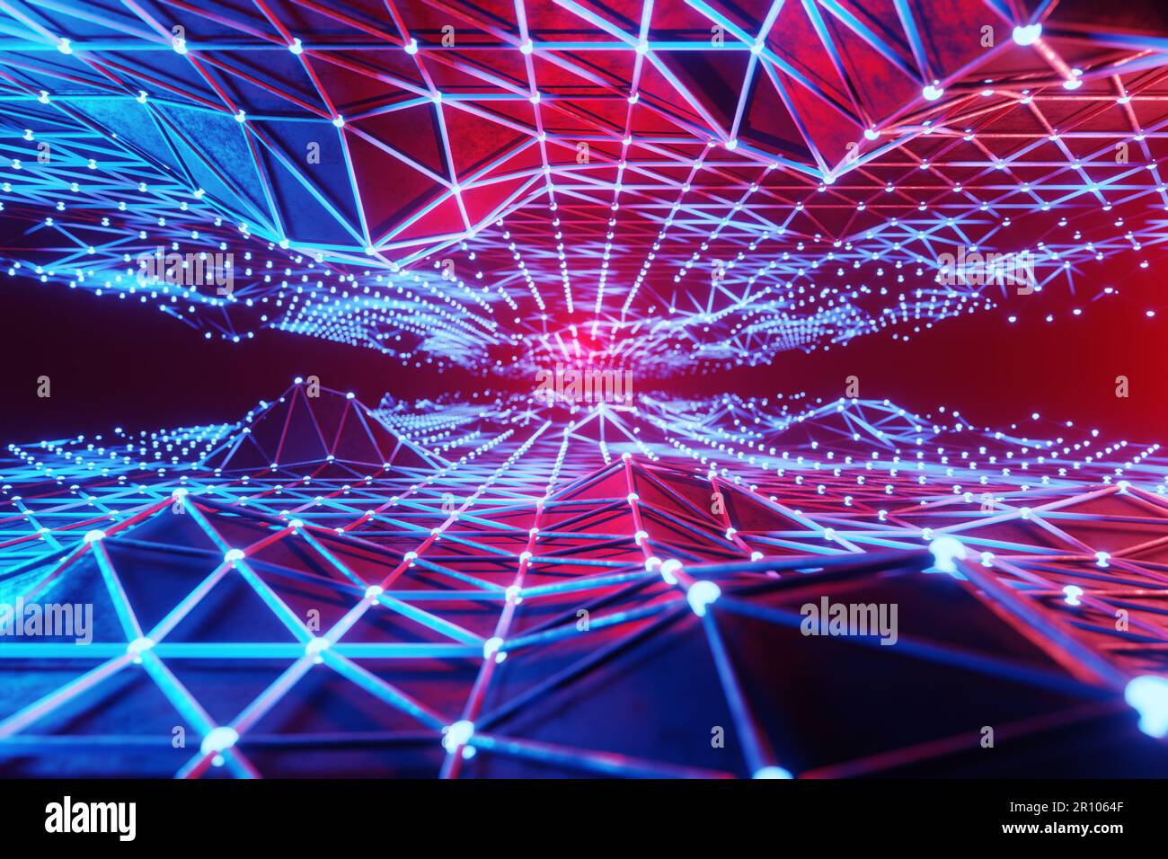 Geometrische dreieckige Gitter bilden die Decke und den Boden und werden durch blaue und rote Neonlichter beleuchtet. Designelement für den Hintergrund des Webdesigns Stockfoto