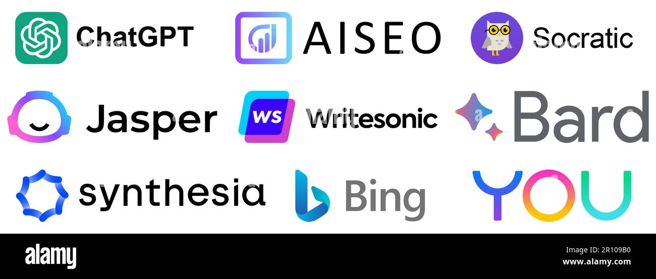 Die besten KI-Chatbots. ChatGPT, Aiseo, Sokratisch, Jasper, Chatsonic, Google Bard, Synthesia, YouChat. Editorial-Vektorlogos Stock Vektor