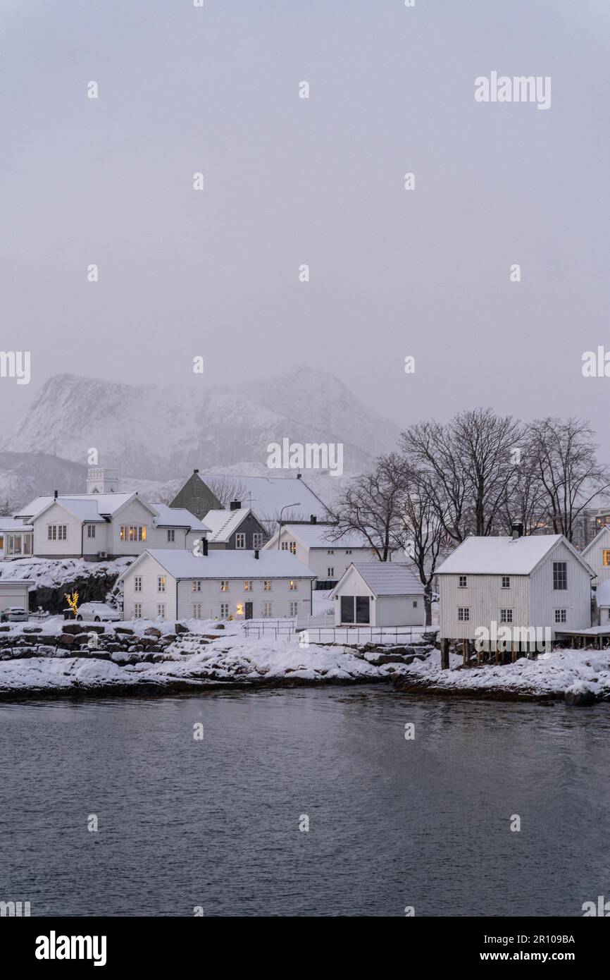 Nordic Houses während des Schneesturms Stockfoto