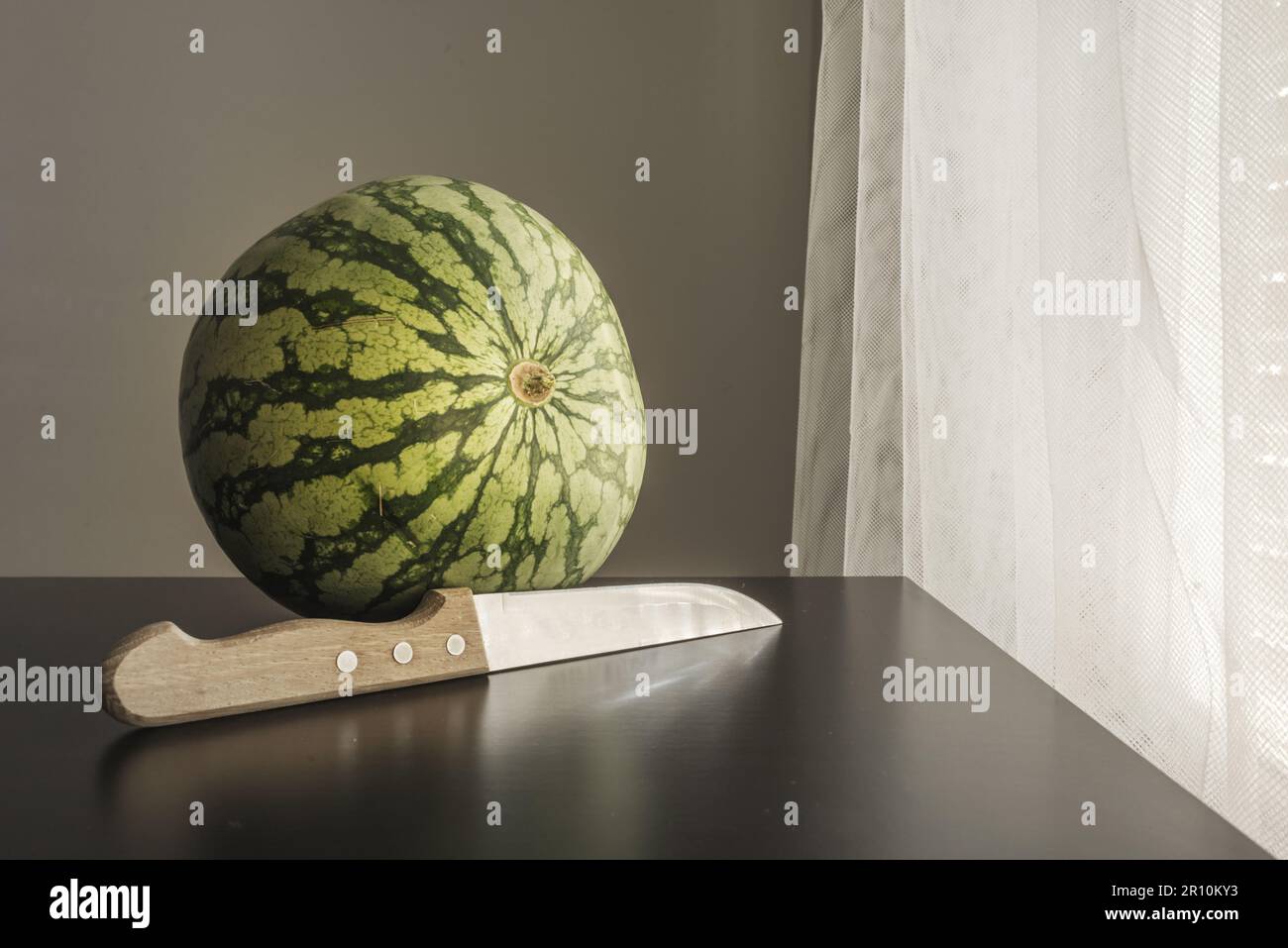 Eine reife, kernlose Wassermelone, bereit, aus dem Kontext geschnitten zu werden Stockfoto