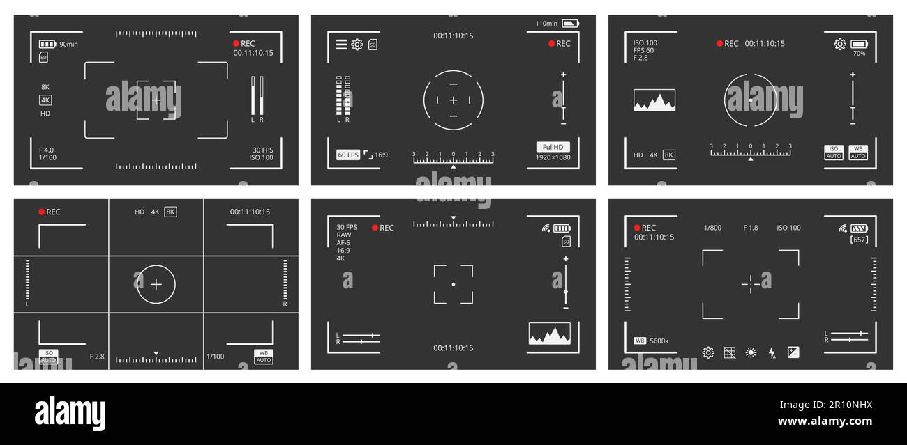 Bildschirm des Kamerasuchers, Vektorbild- oder Videokamera-Display-Rahmen eingestellt. Fokus und Raster, Zoom, Verschluss, Vorschau und Aufnahmeeinstellungen eines digitalen oder analogen Camcorders mit Zoom-Aufnahme und Aufnahme Stock Vektor