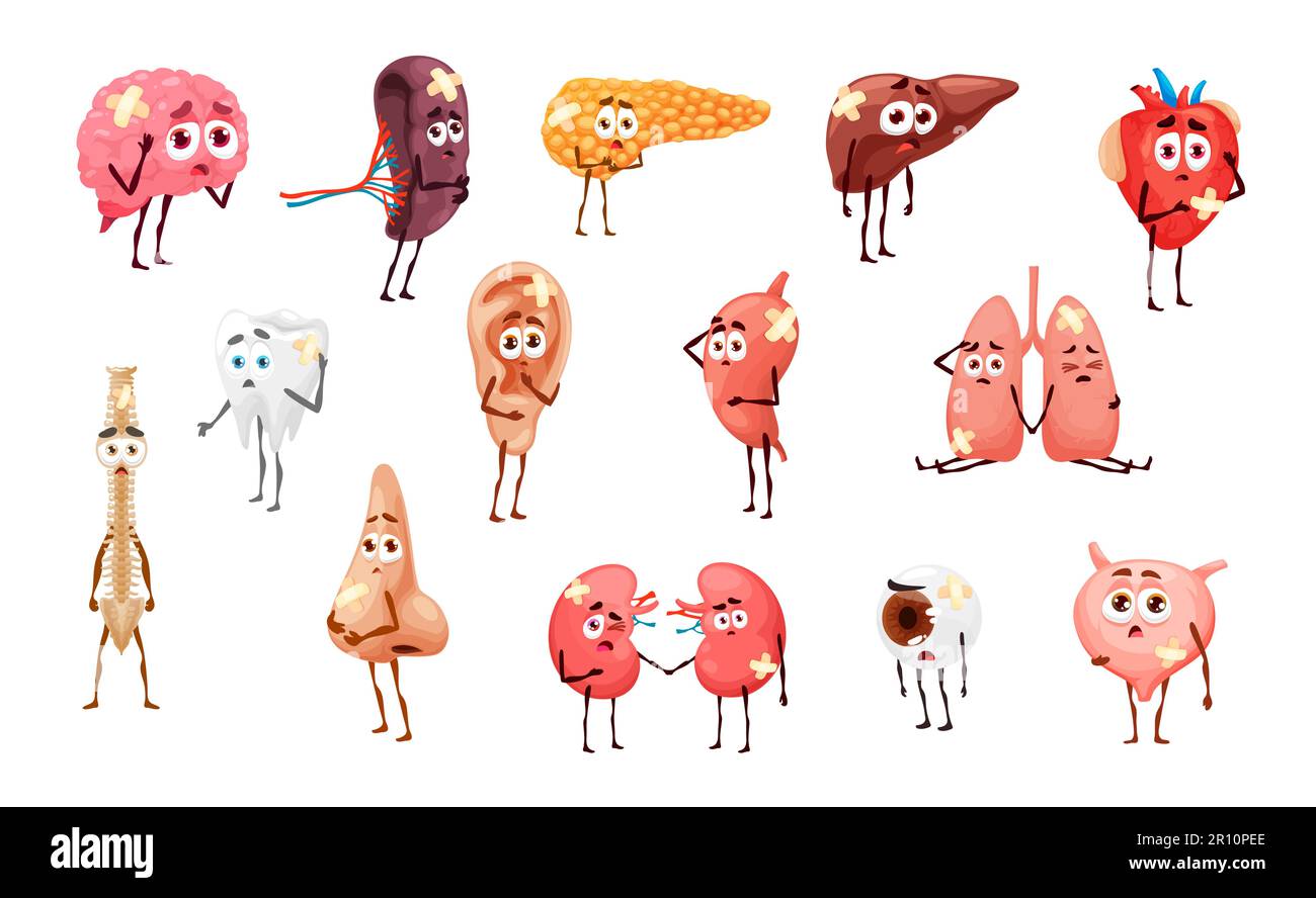 Kranke Körperorganfiguren. Verletzte und ungesunde Cartoon-Persönlichkeiten. Unglücklicher Vektor verband menschliches Herz, Lunge, Niere, Leber und Magen, Blase, Pankreas, Wirbelsäule und Zahn. Ohr, Hirn, Auge und Nase Stock Vektor