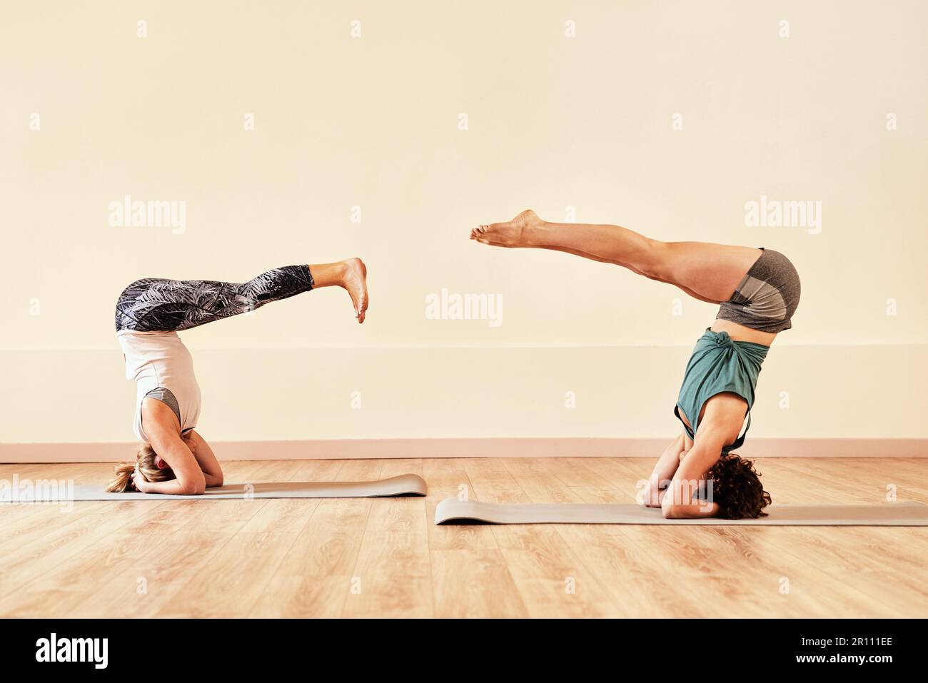 Nichts verändert deine Sicht auf das Leben so gut wie Yoga. Zwei junge Frauen, die in einem Yoga-Kurs Kopfständer machen. Stockfoto