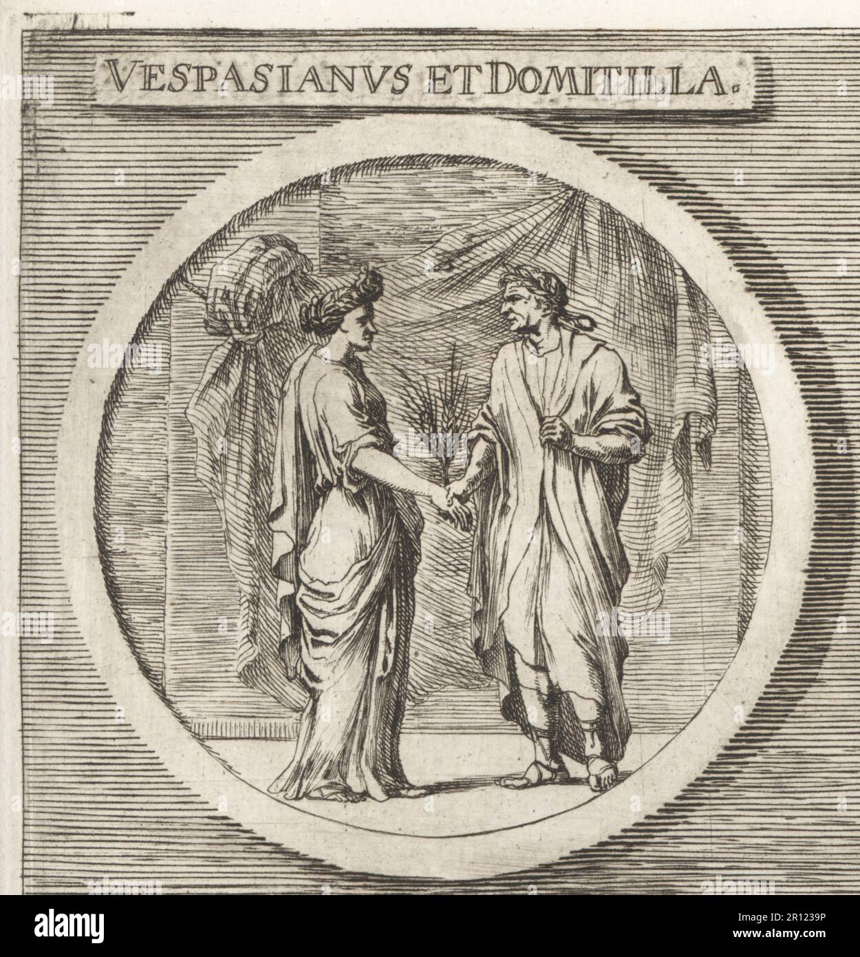 Römischer Kaiser Vespasian (9-79 v. Chr.), der die Hand seiner Frau Flavia Domitilla Major hielt (starb vor 69 v. Chr.). Vespasianus et Domitilla. Copperplate-Gravur nach einer Illustration von Joachim von Sandrart von seiner L’Academia Todesca, della Architectura, Scultura & Pittura, oder Teutsche Academie, der Edlen Bau- Bild- und Mahlerey-Kunste, Deutsche Akademie für Architektur, Skulptur und Gemälde, Jacob von Sandrart, Nürnberg, 1675. Stockfoto