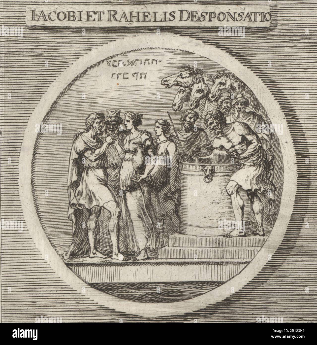 Die Verlobung von Jacob und Rachel in der Bibel. Jacobi et Rahelis Desponsatio. Copperplate-Gravur nach einer Illustration von Joachim von Sandrart von seiner L’Academia Todesca, della Architectura, Scultura & Pittura, oder Teutsche Academie, der Edlen Bau- Bild- und Mahlerey-Kunste, Deutsche Akademie für Architektur, Skulptur und Gemälde, Jacob von Sandrart, Nürnberg, 1675. Stockfoto