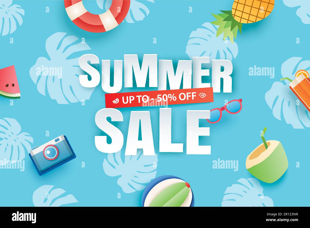 Sommer-Verkauf mit Dekoration Origami auf blauem Himmel Hintergrund. Papierkunst und handwerklicher Stil. Stock Vektor