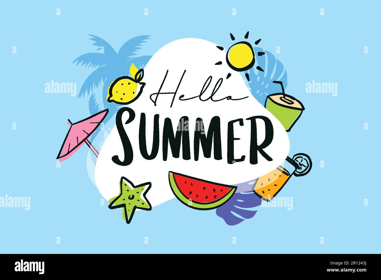„Hello Summer“, handgemalt mit Dekoration auf blauem Hintergrund. Stock Vektor