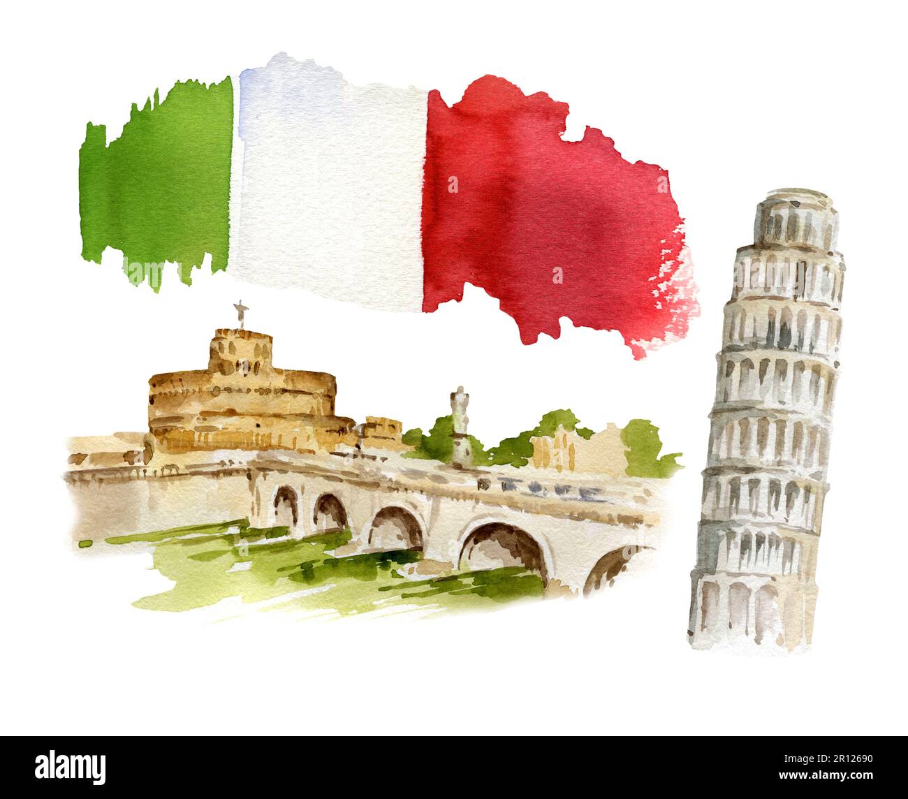 Aquarelle Illustration von Rom, Pisa Italien, handgezeichnetes Panorama des Tibers, Brücke und alter Turm mit der Flagge Italiens. Stockfoto