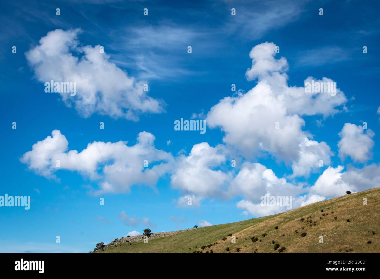 Flauschige weiße Wolken über Hügeln, in der Nähe von Hyde, Central Otago, South Island, Neuseeland Stockfoto