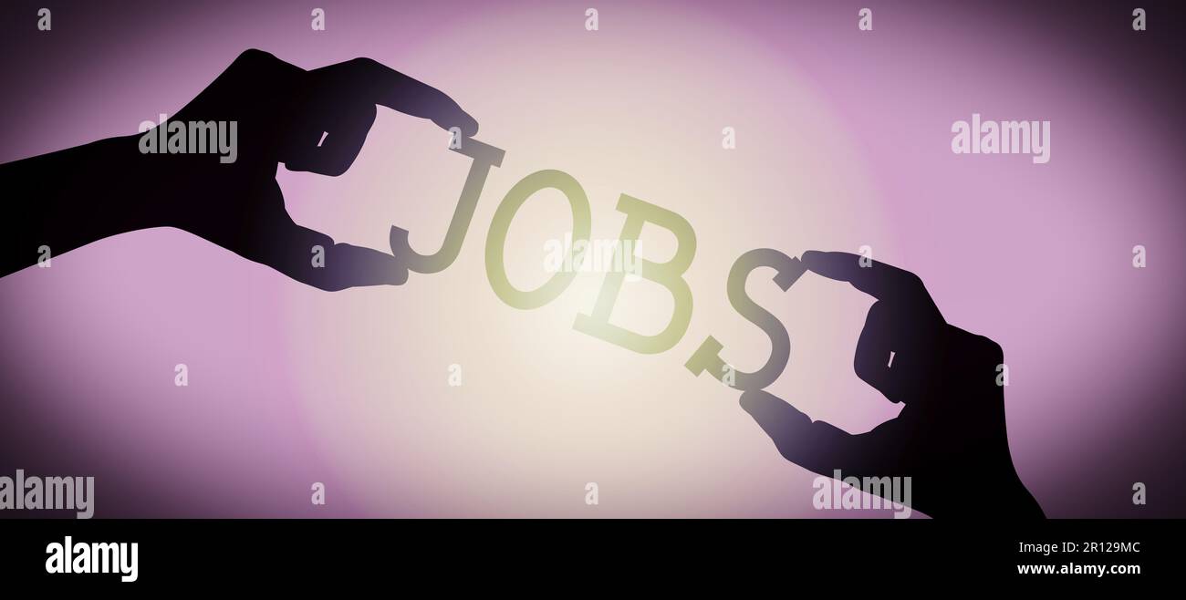 Jobs – menschliche Hände mit schwarzem Silhouettenwort, verlaufender Hintergrund Stockfoto
