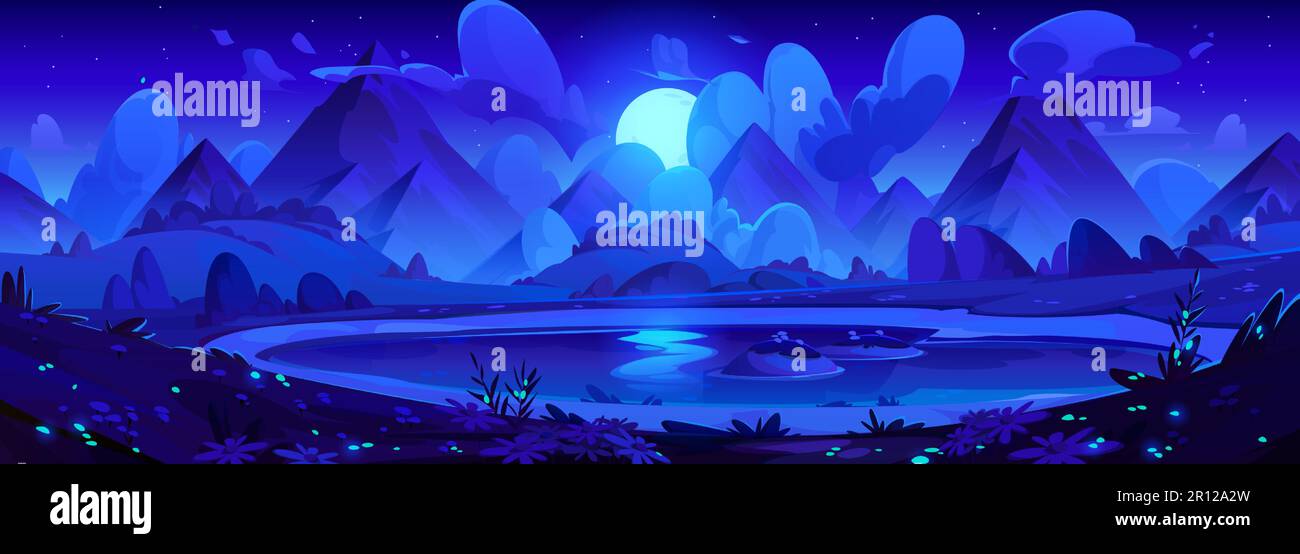 Nächtliche Berglandschaft mit Talsee. Vektor-Cartoon-Illustration von Vollmond und vielen Sternen am dunklen Himmel, Neonblumen, die um das Wasser in Mitternachtsblauer Dunkelheit glühen. Feenschwanz-Hintergrund Stock Vektor