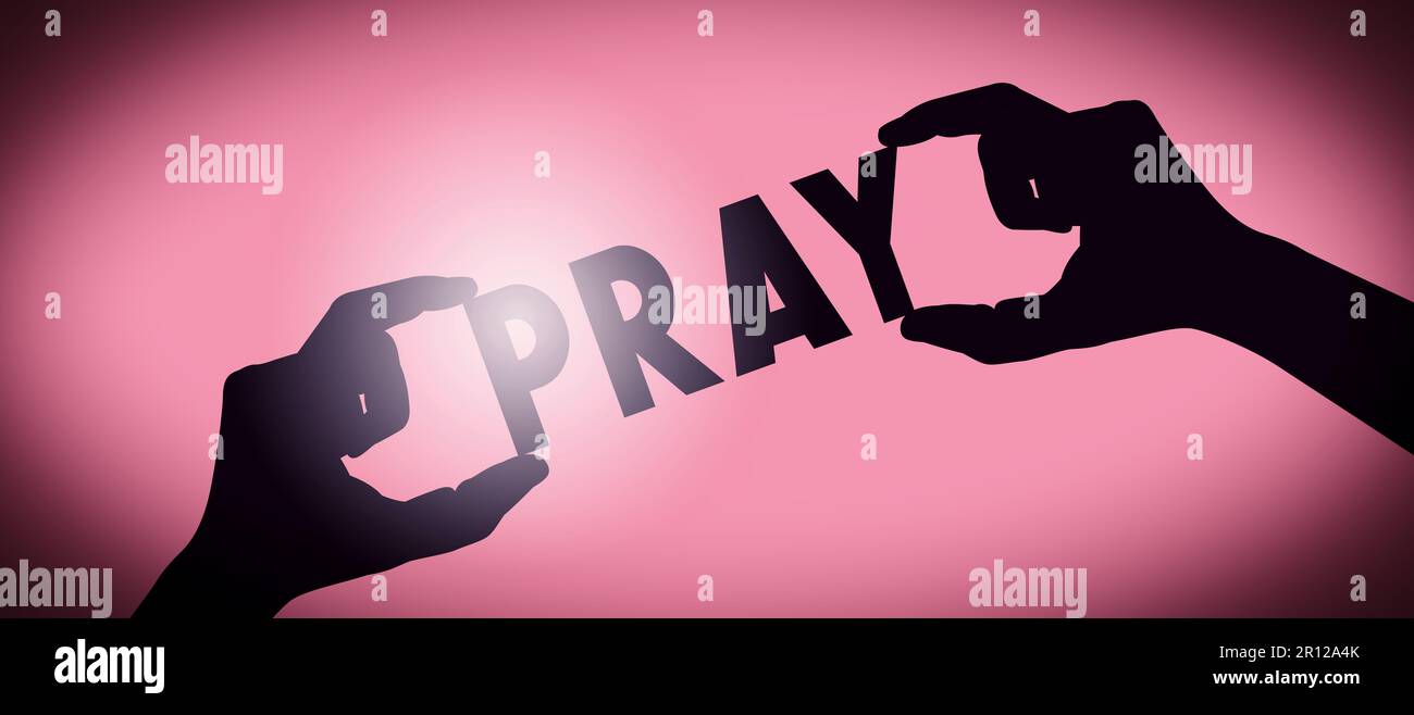Beten - menschliche Hände halten schwarzes Silhouettenwort, verlaufender Hintergrund Stockfoto
