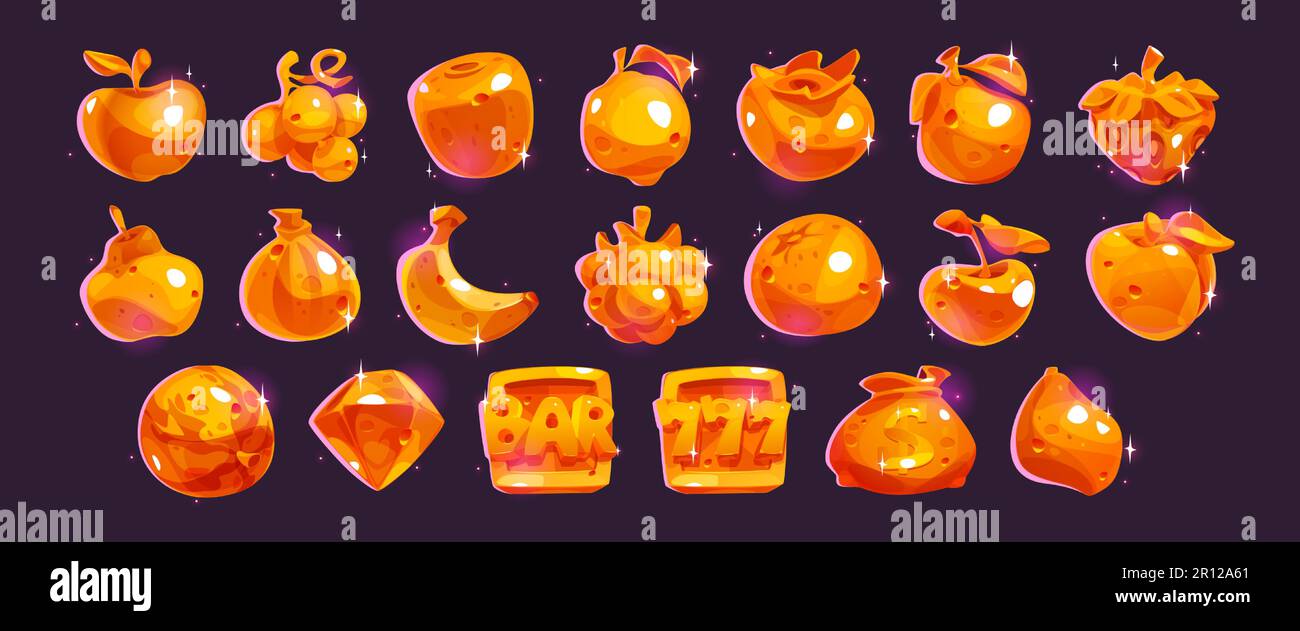 Zeichentrickset mit goldenen Spielautomaten-Symbolen isoliert im Hintergrund. Vektordarstellung von glitzerndem Obst, Geldbeutel, Diamant, Jackpot-Schild für casino-Spiel-ui, Design der App für mobile Wetten. Gewinnchance Stock Vektor