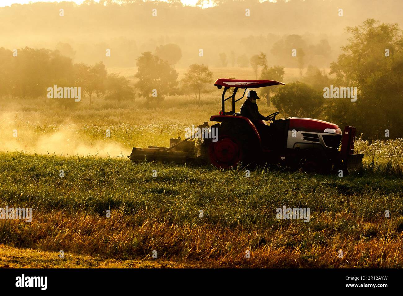 Ein Mann, der einen Rasenmäher fährt, ein Traktor, der auf dem Land arbeitet. Stockfoto
