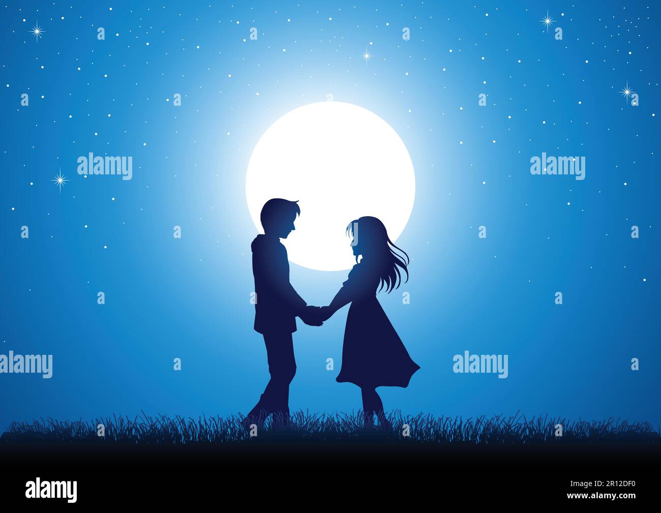 Silhouetten-Illustration des jungen Paares, das die Hände unter dem Mondlicht hält Stock Vektor