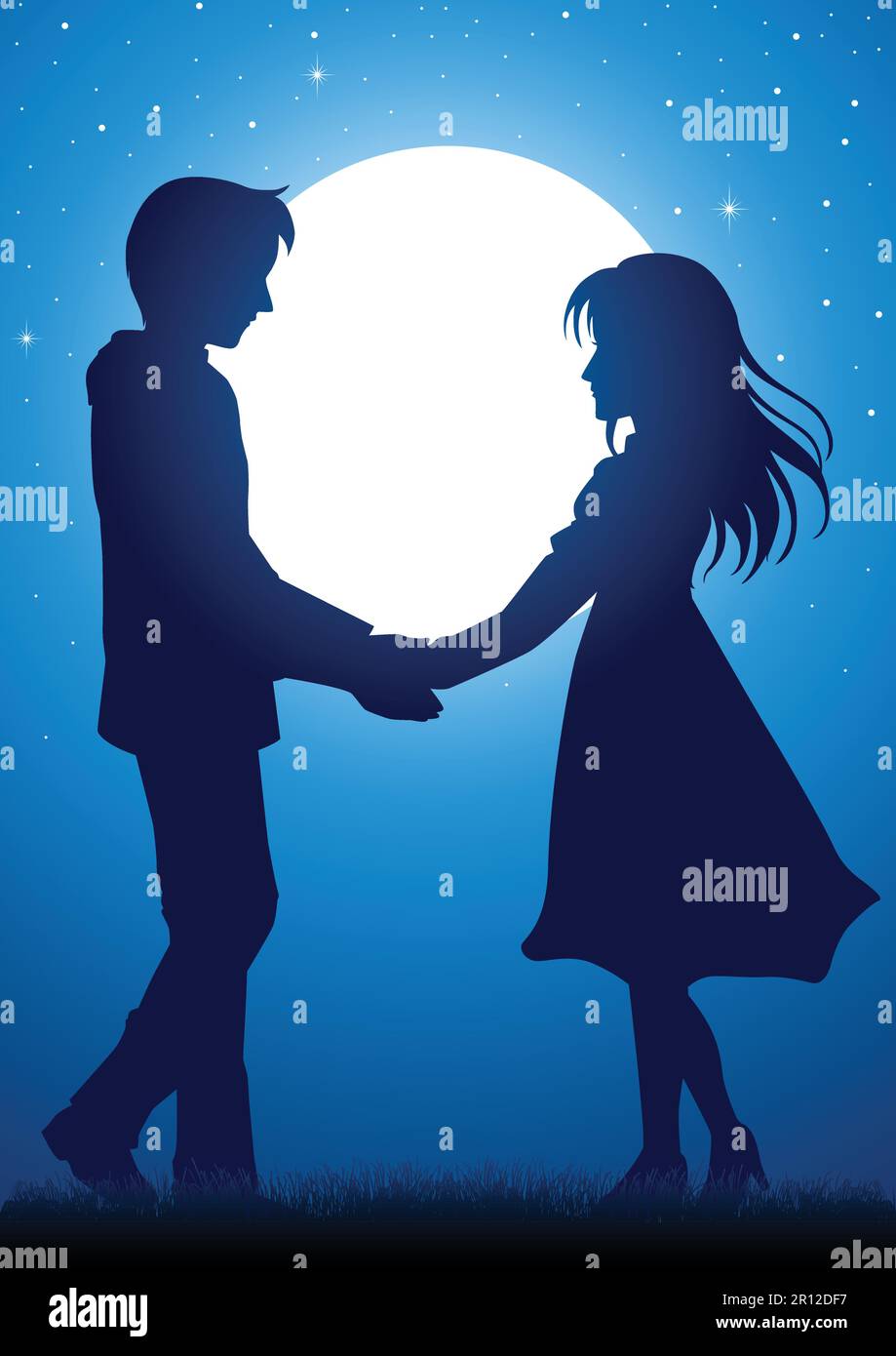 Silhouetten-Illustration des jungen Paares, das die Hände unter dem Mondlicht hält Stock Vektor