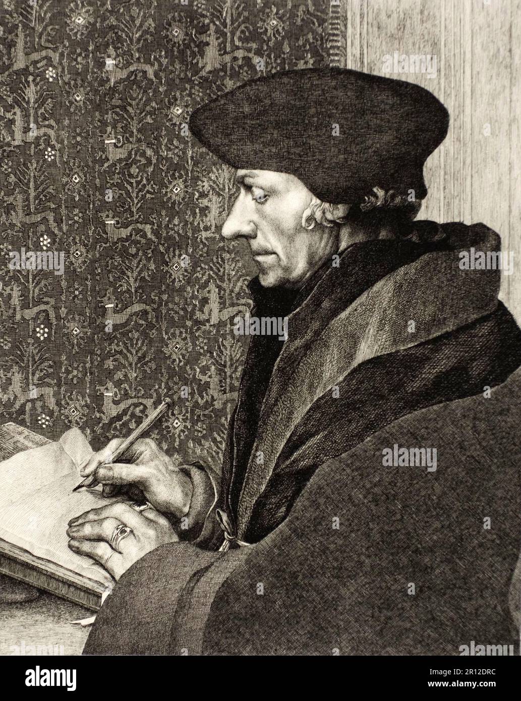 Desiderius Erasmus von Rotterdam (28. Oktober 1466,1467,1469 bis 11,12. Juli 1536) war ein niederländischer Polymath und ist der bekannteste und einflussreichste Humanist der Renaissance. Erasmus war Theologe, Philosoph, Philologe, Priester, Autor und Redakteur von über 150 Büchern, historischer, digital restaurierter Reproduktion eines Originals aus dem 19. Jahrhundert Stockfoto