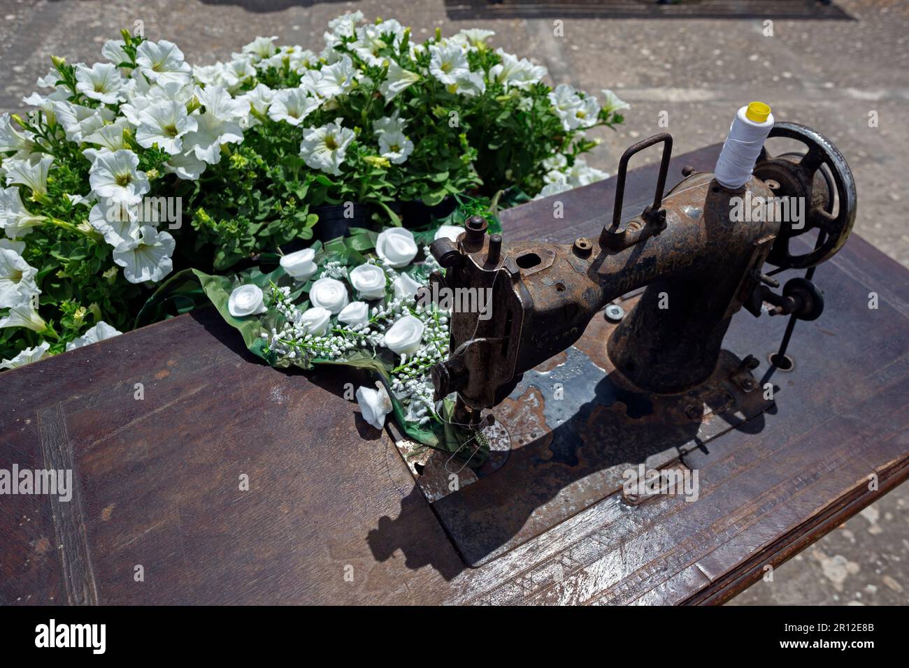 Kunstinstallation. Nähmaschine und Blumen Teppich. Costitx Village Flower Festival. Mallorca Island. Spanien Stockfoto