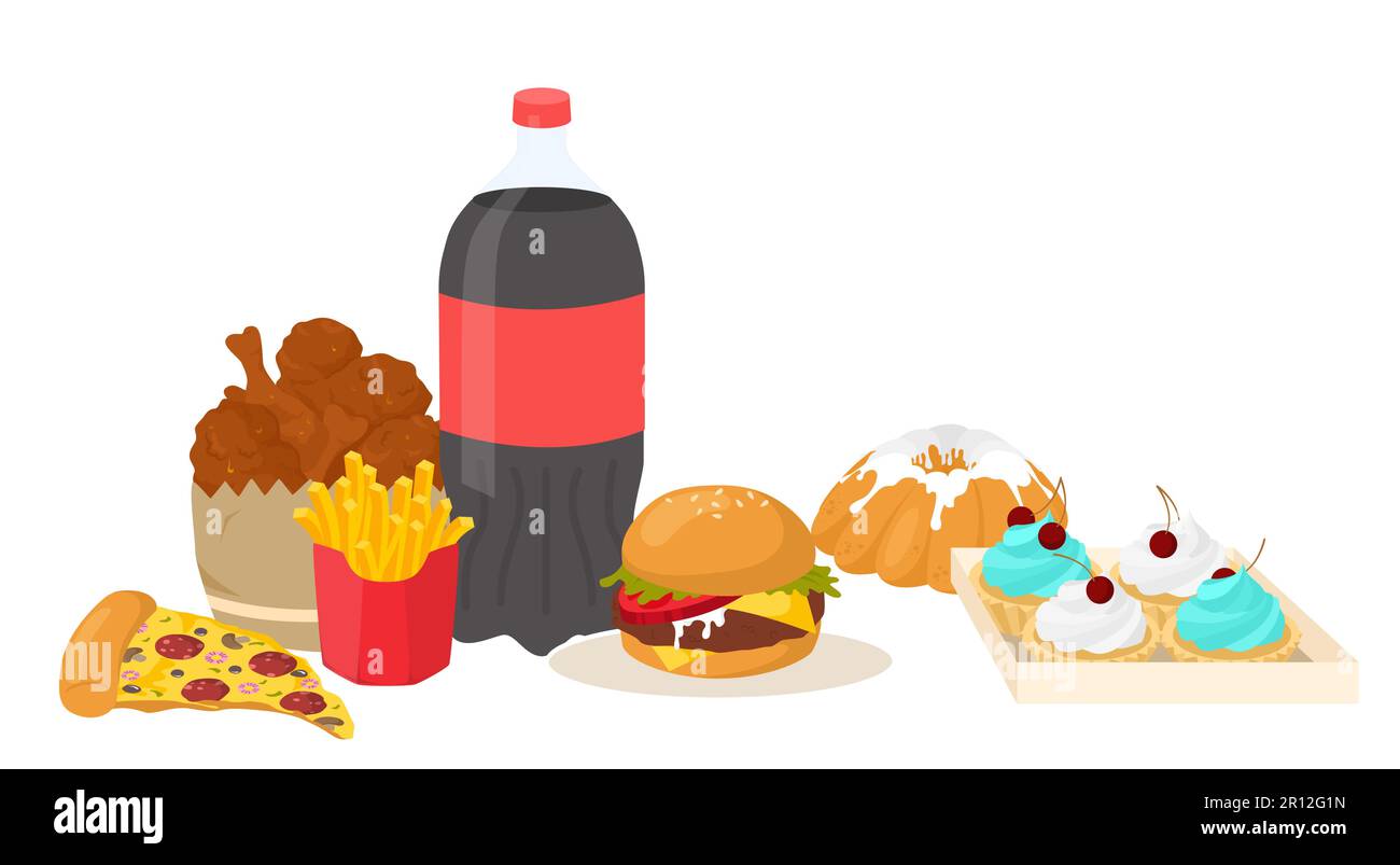 Fast Food-Set mit Burger, Hähnchenschenkel, pommes Frites, Limonade und Desserts Stock Vektor