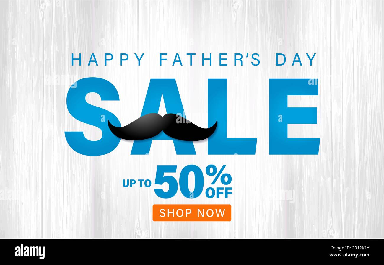 Werbeaktion zum Vatertag – Textdesign mit Schnurrbart auf Holzbrettern. Sonderangebot Vatertag für Rabattbanner oder -Plakate Stock Vektor