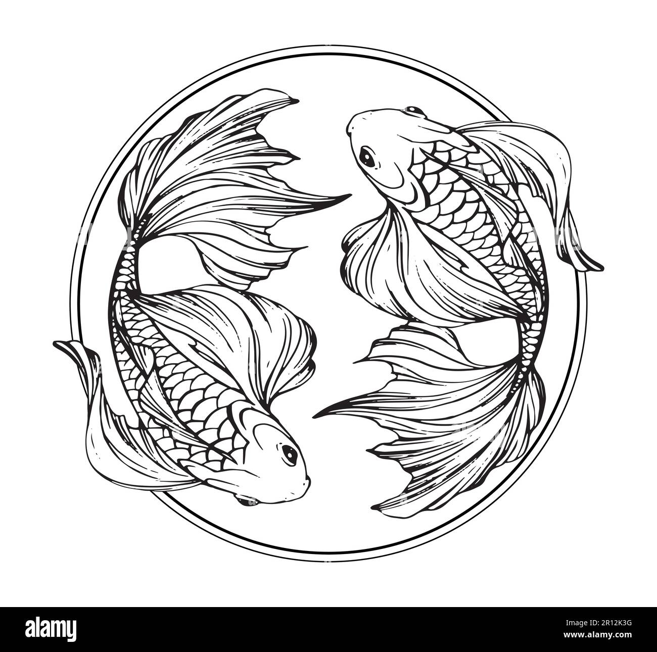 Das Zodiac-Zeichen von Pisces, das Bo-Linie-Tattoo, zwei schöne Fische im Kreis. Vektorgravierstilisierung, Horoskop-Element Wasser, handgezeichnete Illustration Stock Vektor