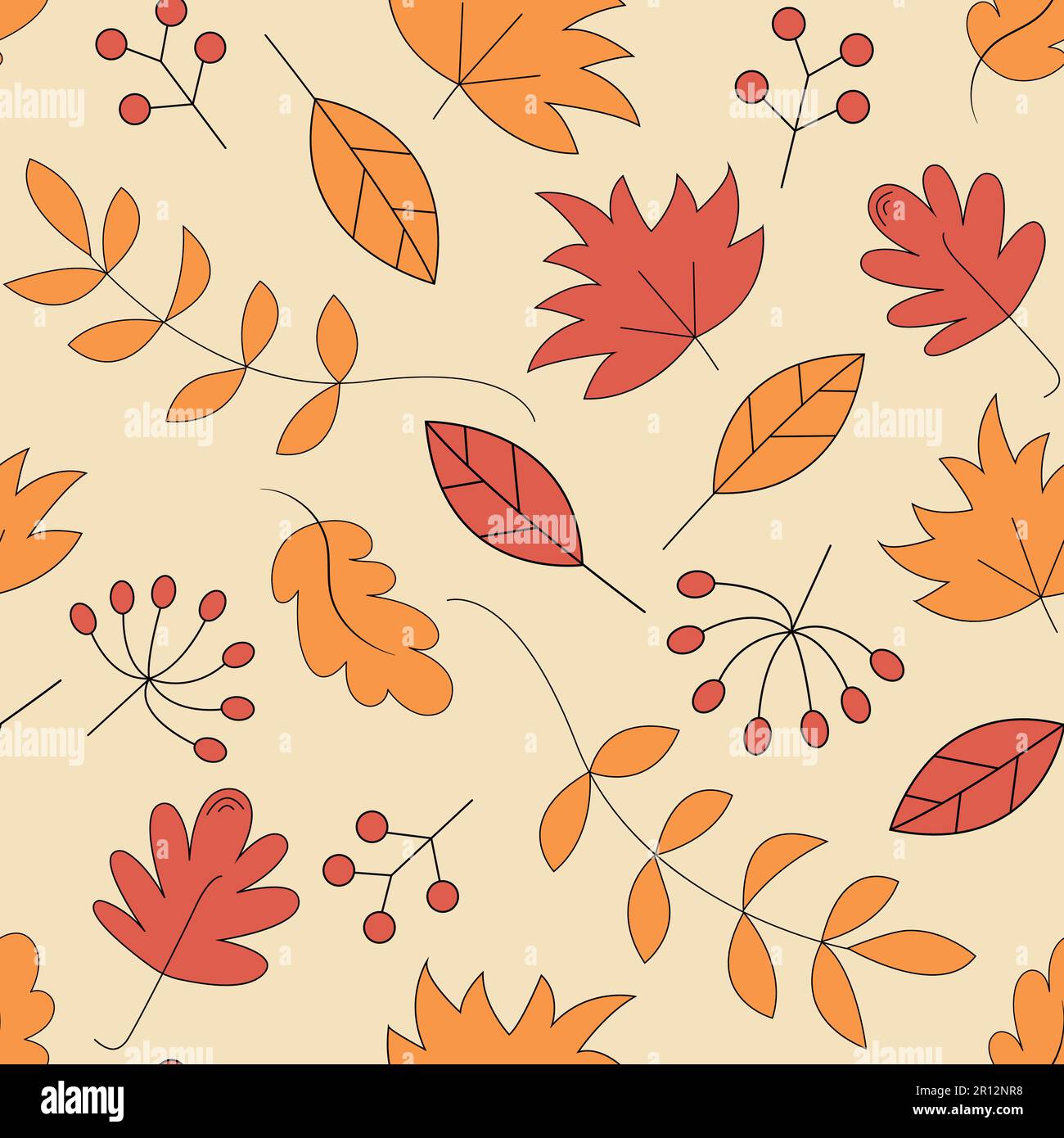 Nahtloses Vektormuster mit niedlichem Cartoon flachen verschiedene Herbstblätter für Thanksgiving auf orangefarbenem Hintergrund. Stock Vektor