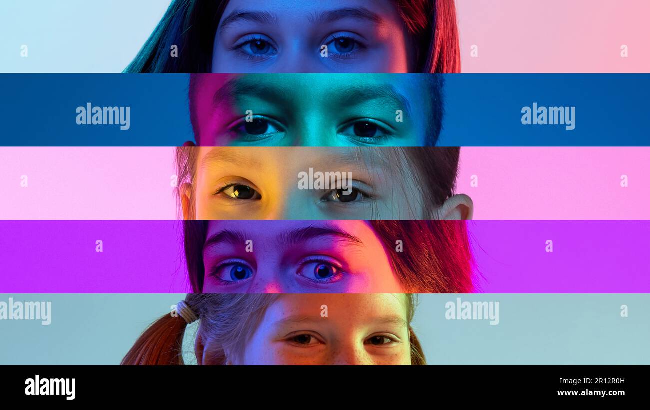Collage aus schmalen Streifen mit Kinderaugen, verschiedene Kinder posieren aufmerksam und schauen auf mehrfarbigen Hintergrund in Neonlichtern Stockfoto