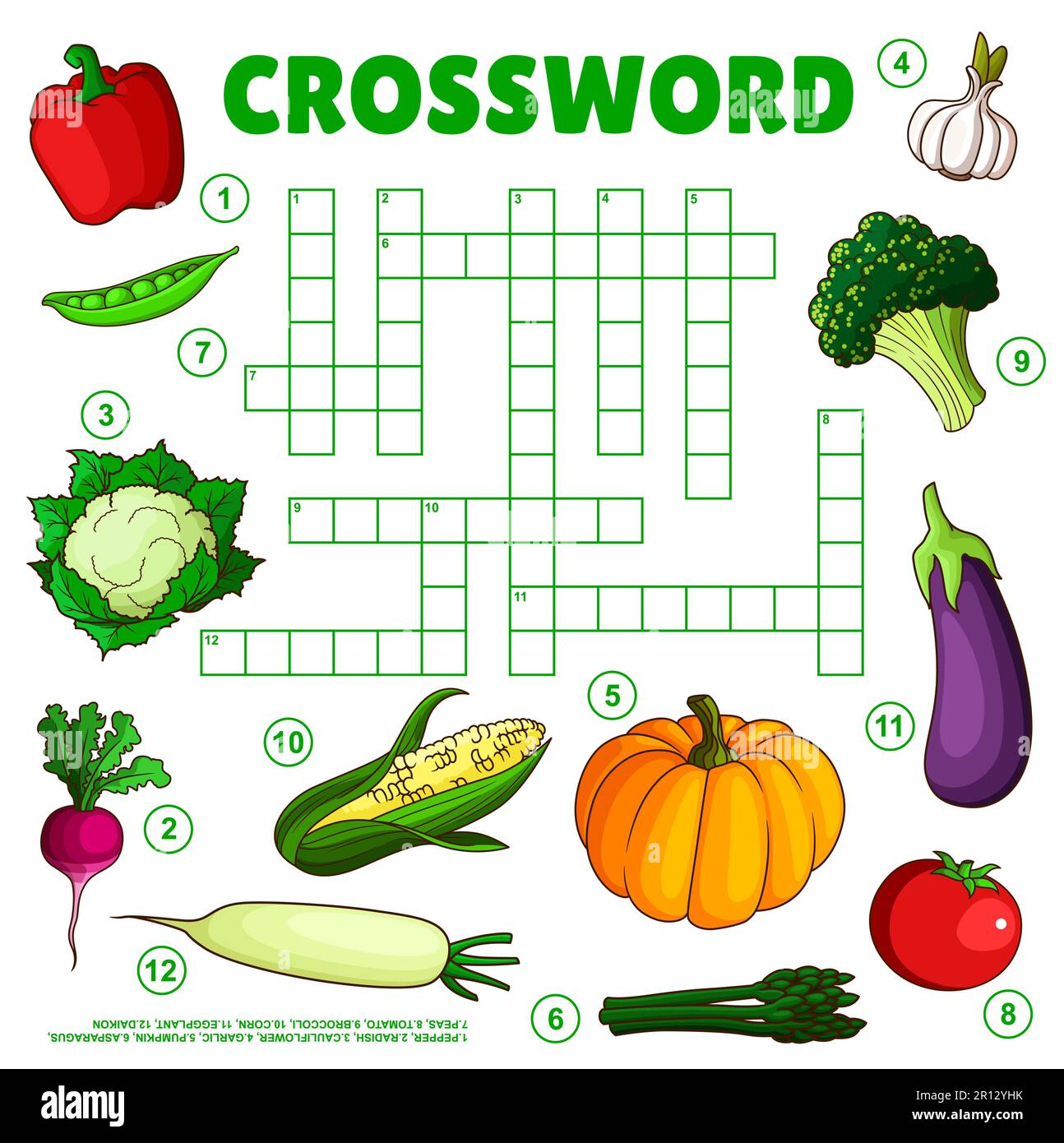 Rohes Gemüse im Kreuzworträtsel-Raster-Arbeitsblatt. Suchen Sie nach einem Wort-Quiz-Spiel, einem Vokabeltest für Vorschulkinder oder einer Seitenvorlage für ein Puzzle-Vektorbuch für Kinder. Stock Vektor