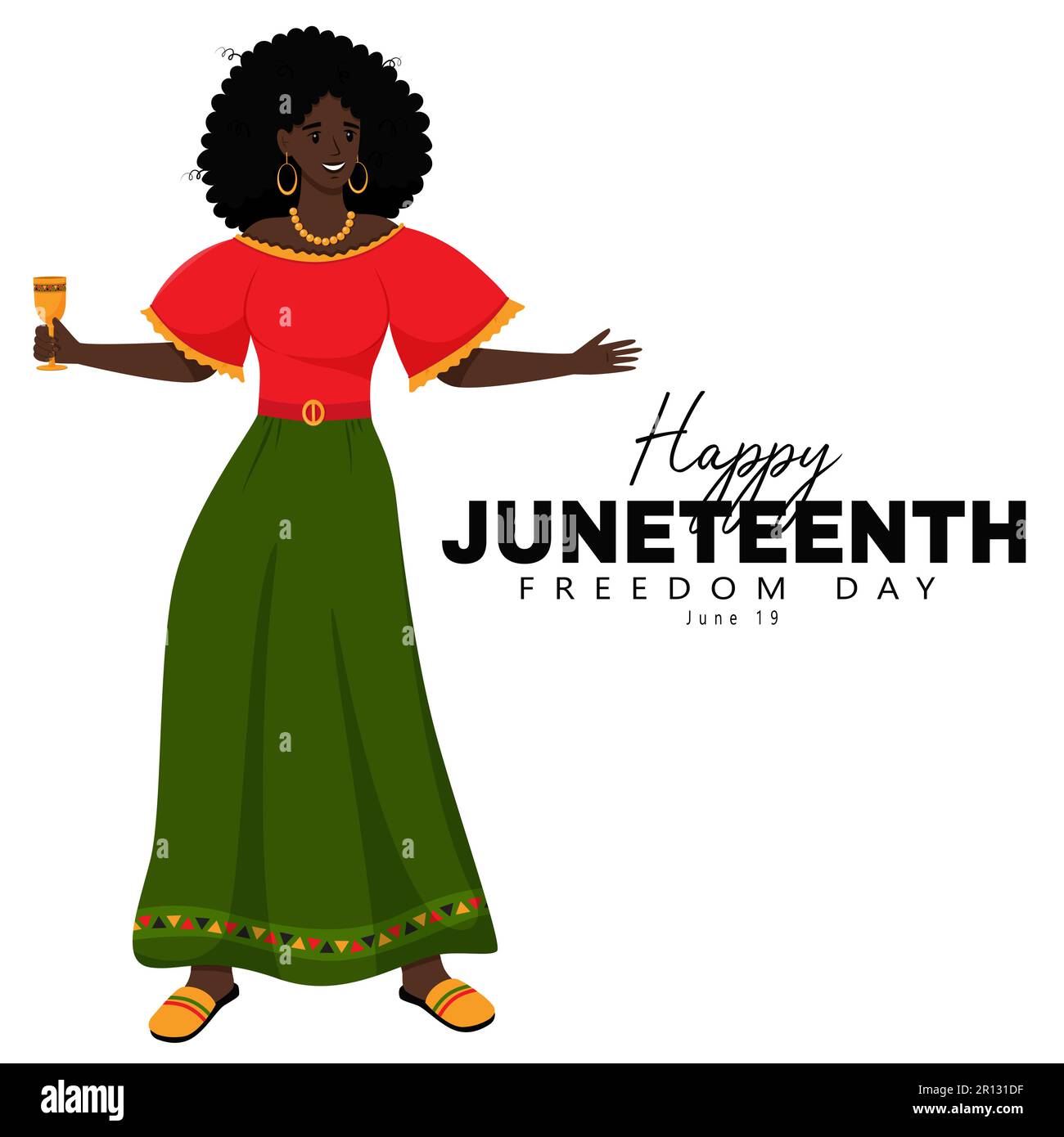 Frohe Juneteenth. Eine süße, dunkelhäutige Frau mit schwarzem Lockenhaar im Kleid hält Ein Weinglas in der Hand. Afroamerikanischer Freiheitstag. Flacher Vektor Stock Vektor