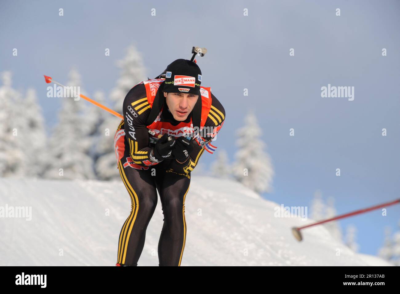 Arnd Peiffer, Aktion Biathlon, 4x 7, 5 KM Staffel der Herren am 13.12.2009 in Hochfilzen. Stockfoto