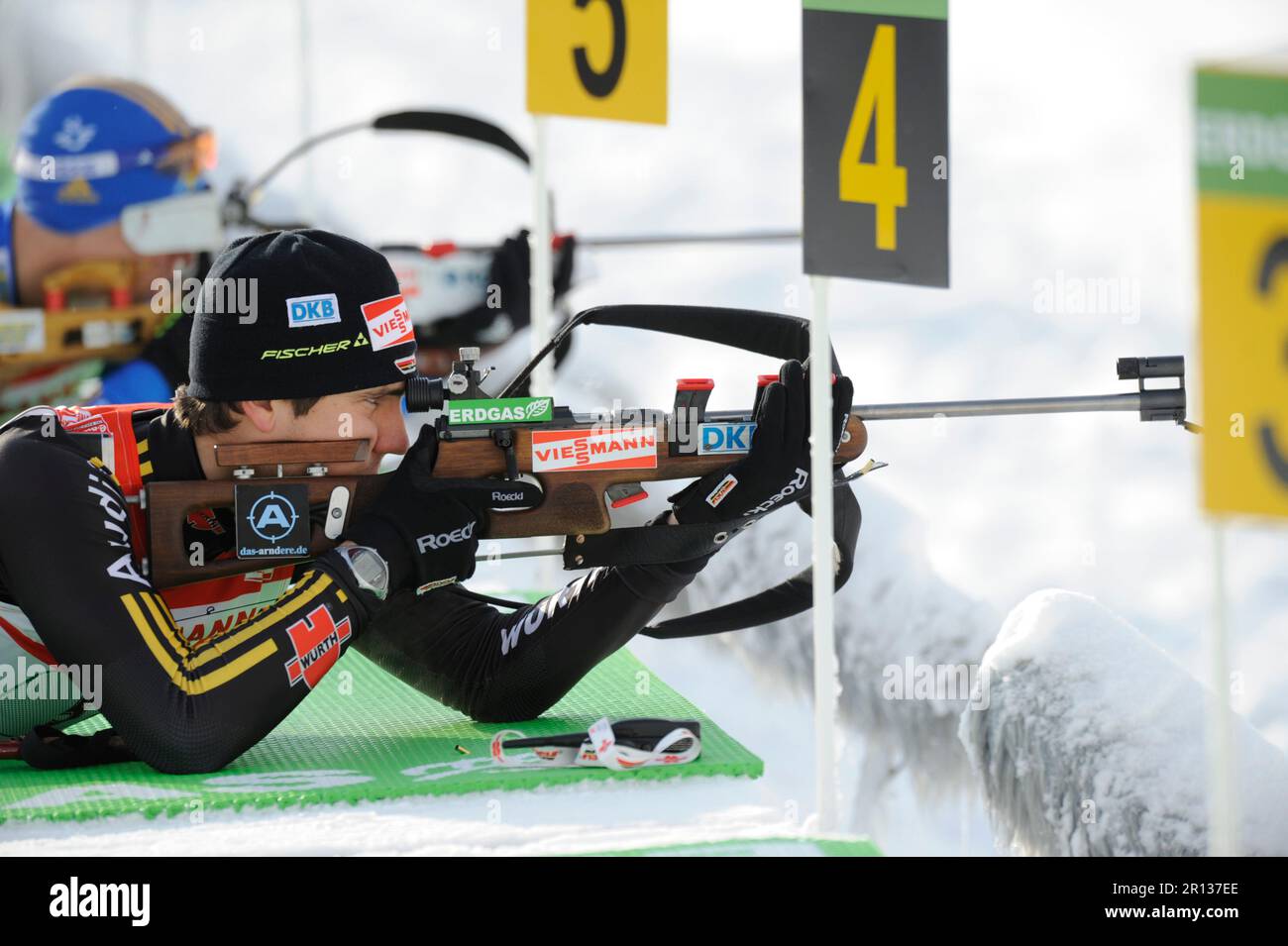 Arnd Peiffer Aktion Biathlon, 4x 7, 5 KM Staffel der Herren am 13.12.2009 in Hochfilzen. Stockfoto