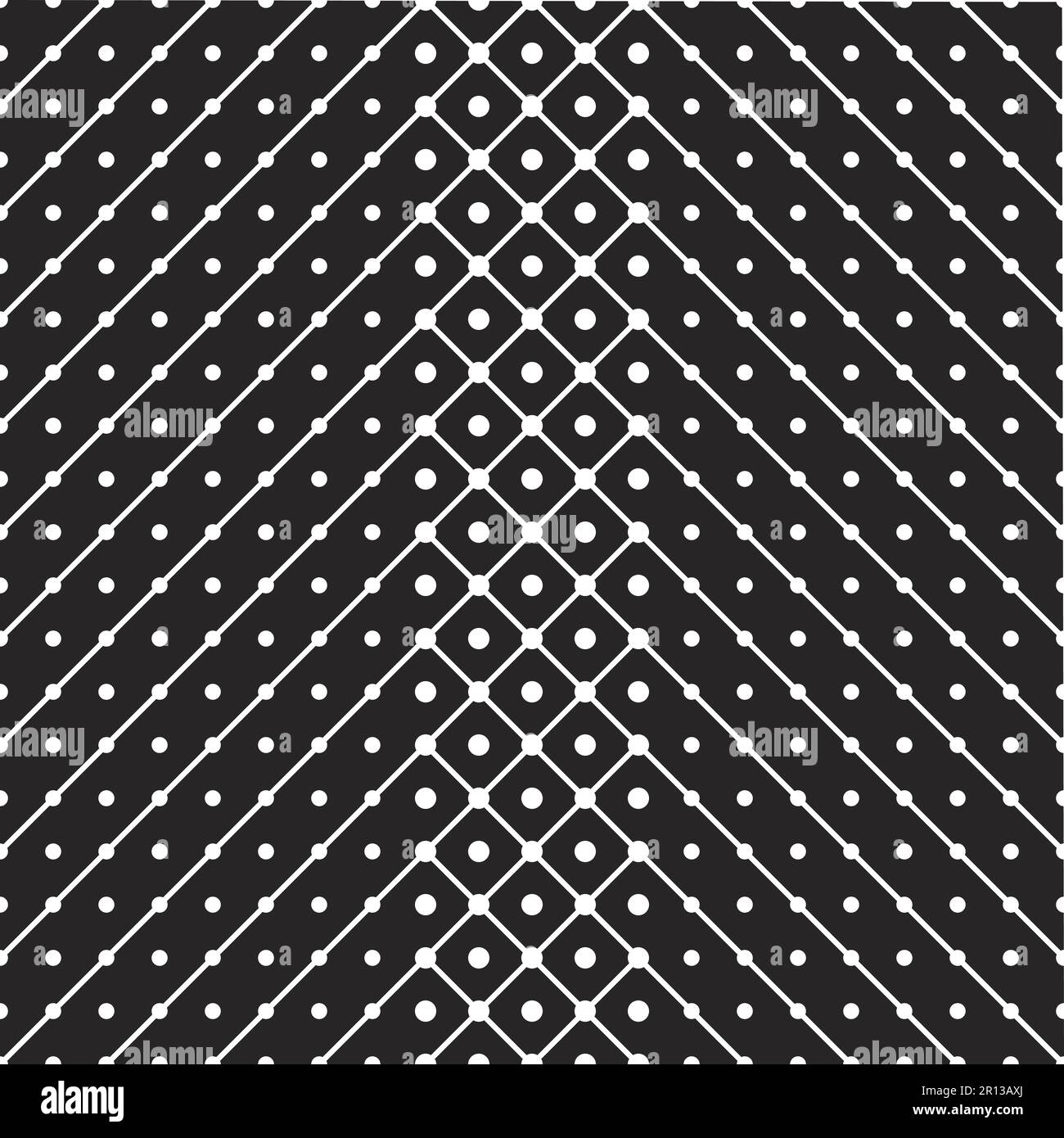 Schwarzer und weißer geometrischer Hintergrund. Schräge diagonale Linien mit Punkten werden gespiegelt und schneiden sich in der Mitte. Modernes, einfarbiges Muster. Bu Stock Vektor